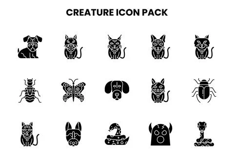 Creature Glyph Vector Icons Pack Stock Illustration