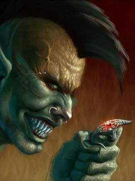 Creature goblin troll smiling looking at a shinning red ring Stock Illustration