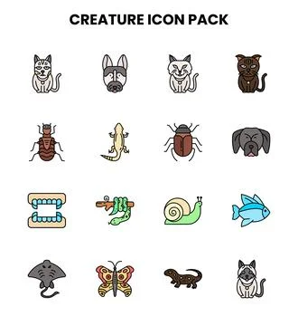 Creature Lineal Color Bundle Icons Pack Stock Illustration