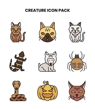 Creature Lineal Color Vector Icons Pack Stock Illustration