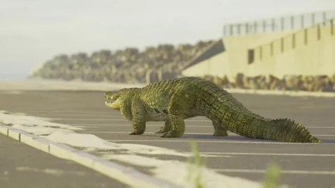 Creature with moss and sweeping tail guards edge of city coast Vidéo 340664918