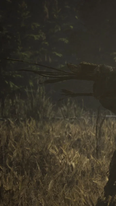 Creature stands in the forest holding arrows during twilight Stock Footage 346672675