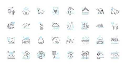 Creatures linear icons set. Beasts, Monsters, Critters, Aliens, Dragons, Giants Stock Illustration