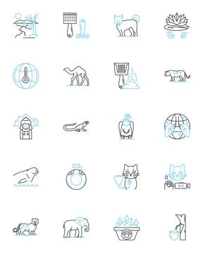 Creatures linear icons set. Beasts, Monsters, Critters, Aliens, Dragons, Giants Stock Illustration