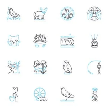 Creatures linear icons set. Beasts, Monsters, Critters, Aliens, Dragons, Giants Stock Illustration