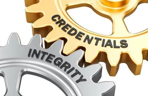 Credentials and Integrity concept with interlocking metal gears. 3D rendering Stock Illustration