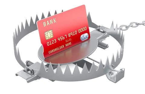 Credit bank card inside bear trap. Credit trap, concept. 3D rendering Stock Illustration