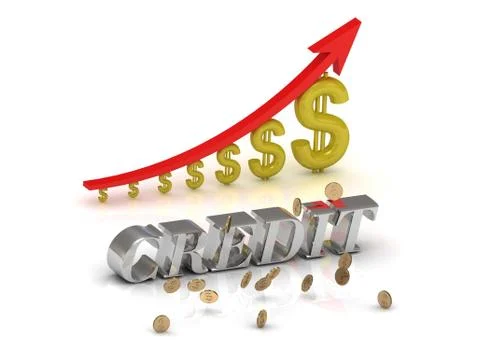 CREDIT bright silver letters and graphic growing dollars and red arrow on a w Stock Illustration