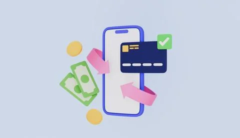 Credit card and coin stack with smartphone, Banknote, Online payment Stock Illustration
