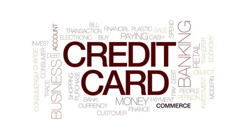 Credit card animated word cloud, text design animation. Kinetic typography. Stock Footage