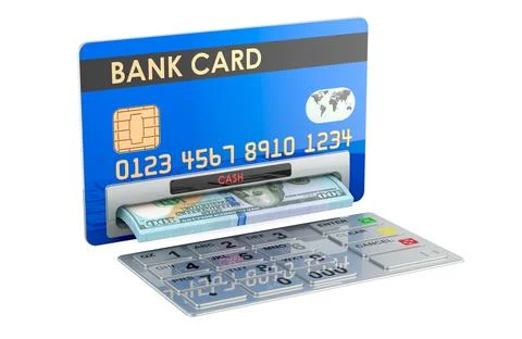 Credit card as ATM machine with dollars. Withdrawing dollar banknotes, 3D r.. Stock Illustration