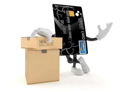 Credit card character with stack of boxes Illustrazione stock