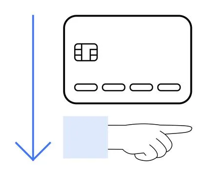 Credit card with chip and dashed lines, hand pointing right, blue downward ar Stock Illustration