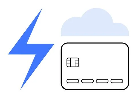 Credit card with chip connected to cloud via blue lightning bolt. Ideal for o Illustrazione stock