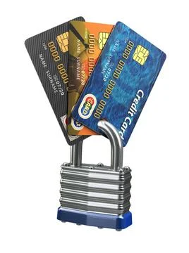 Credit card data security concept. Cards and lock isolated on white Credit... Stock Photos