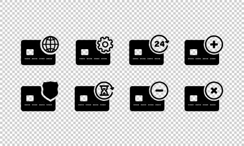 Credit card icon set. Globe, setup, minus, plus, 24 hours, hourglasses, cross Stock Illustration