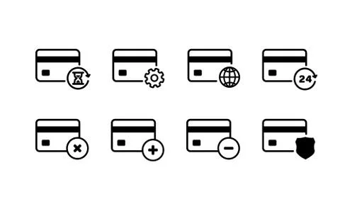 Credit card icon set. Globe, setup, minus, plus, 24 hours, hourglasses, cross Stock Illustration