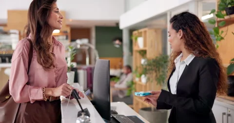 Credit card, machine and concierge in hotel for payment, service and financial Stock Footage 290038220