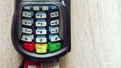 Credit Card Machine Chip And Pin Code Being Entered Overhead POV with Hand Stock Footage 78546270