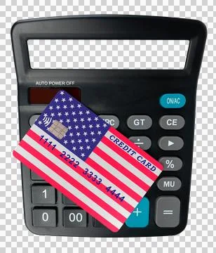 Credit card with a pattern in form of the US flag lies on calculator Stock Photos