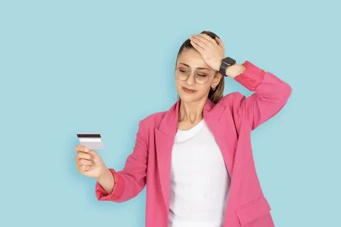 Credit card payment problems. Stressed woman. Rejected online shopping. Stock-Fotos