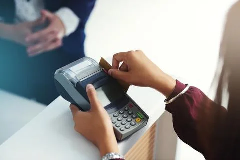 Credit card payment, swipe or hands of person in mall with pos machine in a Stock Photos