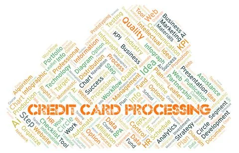 Credit Card Processing typography word cloud create with the text only. Illustrazione stock