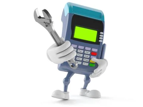 Credit card reader character with adjustable wrench Illustrazione stock