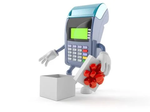 Credit card reader character with open gift Stock Illustration