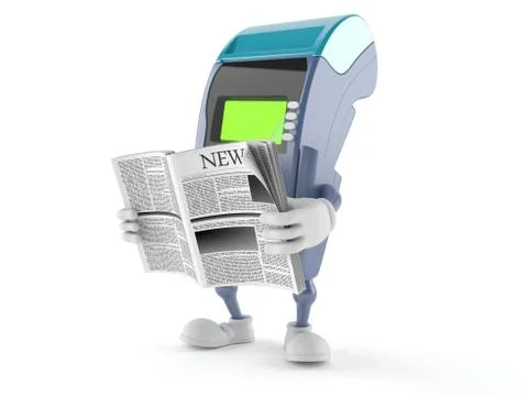 Credit card reader character reading newspaper Illustrazione stock