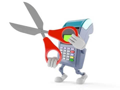 Credit card reader character with scissors Illustrazione stock
