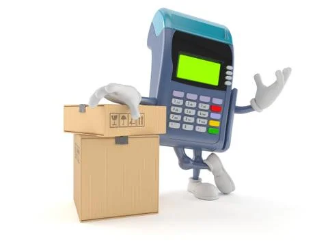 Credit card reader character with stack of boxes Stock Illustration