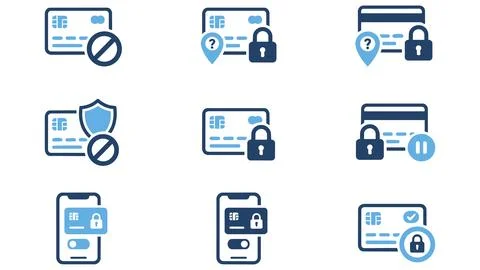 Credit card security and locking control icons set with security, protection Ilustración de archivo