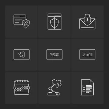 Credit card , sheild , envelope , message , locked, skrill , document , visa  Stock Illustration