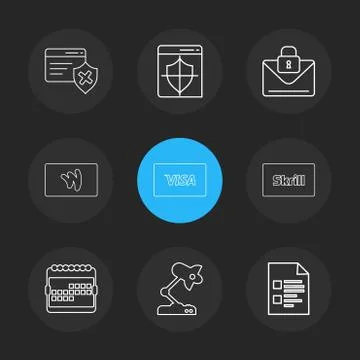 Credit card , sheild , envelope , message , locked, skrill , document , visa  Stock Illustration