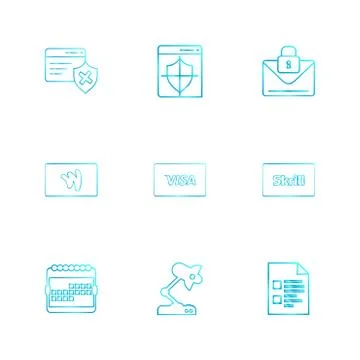 Credit card , sheild , envelope , message , locked, skrill , document , visa  Stock Illustration