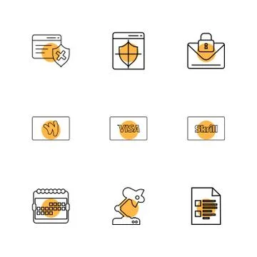 Credit card , sheild , envelope , message , locked, skrill , document , visa  Stock Illustration