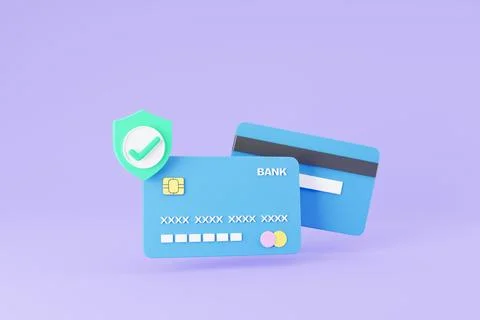 Credit card with Shield security icon.  Protection for online payment. 3D R.. Stock Illustration