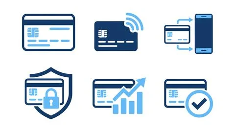Credit card transaction and secure payment processing icon set with transacti Stock Illustration