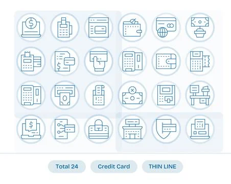 Credit Card Visual Pack containing 24 Thin Line Display Perfect Vector Icons Illustrazione stock