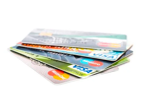 Credit cards stack on white Foto stock