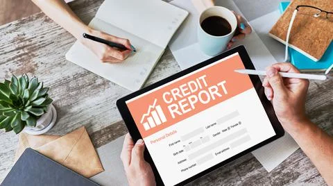 Credit report application form on screen. Business and finance concept 库存照片