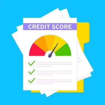 Credit score gauge speedometer indicator with color levels on paper sheets and Stock Illustration