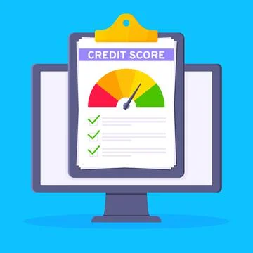 Credit score gauge speedometer indicator with color levels, clipboard and Stock Illustration