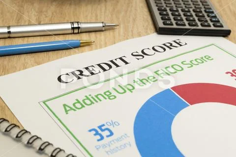 Credit score report with calculator on a table. Stock Photos