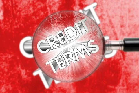 CREDIT TERMS words through a magnifying glass on an abstract background. Stock Illustration