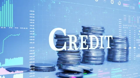 Credit text on coins stack increase with business data hologram. Stock Footage 283435440