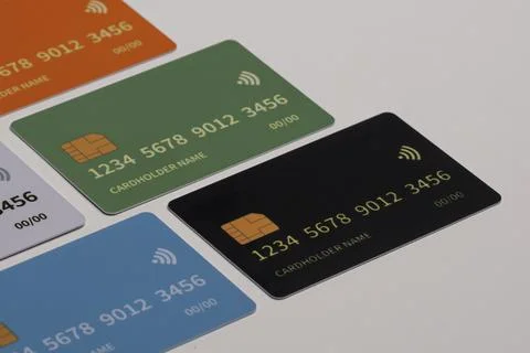 Creditcards on white background, closeup. Stack of several credit cards for.. Stock Photos