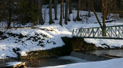 Creek With The Bridge Above At Winter Stock Footage 47011423