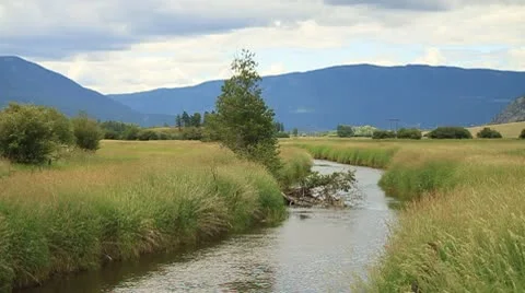Creek cuts through field Stock Footage 10751122